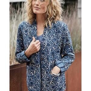Pure J Jill Cotton 2X Reversible Quilted Jacket Blue Pockets Artsy Lagenlook
